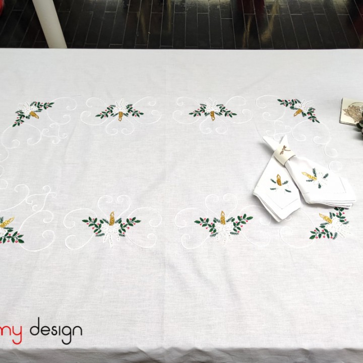 Christmas rectangle table cloth included with 8 napkins- Candle embroidery (size 200x150 cm)